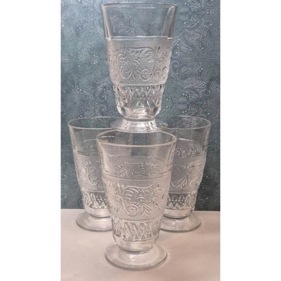 Set Of 4 Duncan Miller Sandwich Glass Footed Tumblers Vintage Iced Tea Glass - Picture 2 of 10